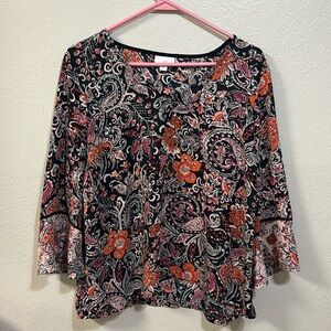 J.Jill Black & pink/orange Flowy Cuffed 3/4 Sleeve Floral boho Blouse SZ MP